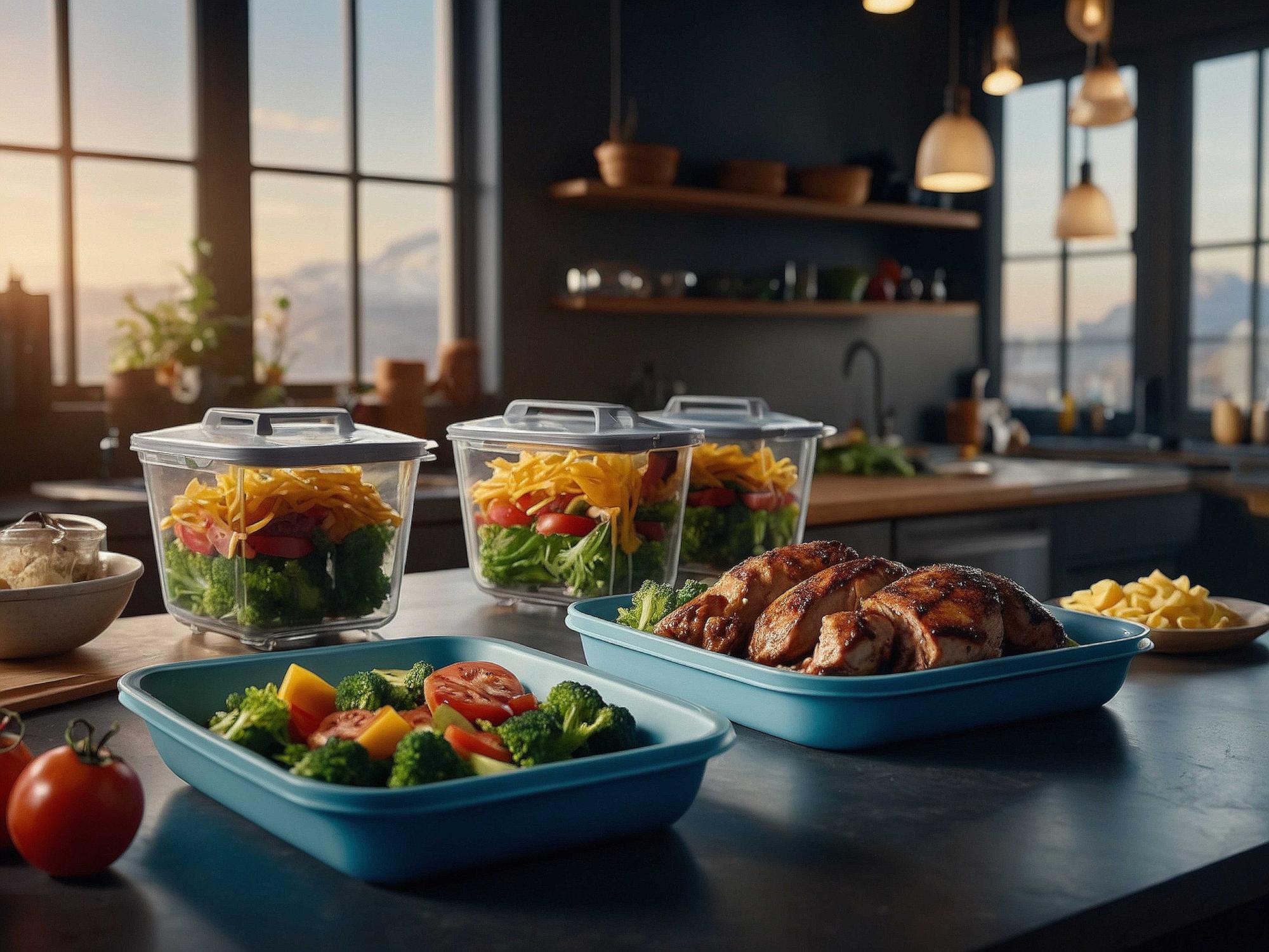 compact kitchen workspace with plated meals ready