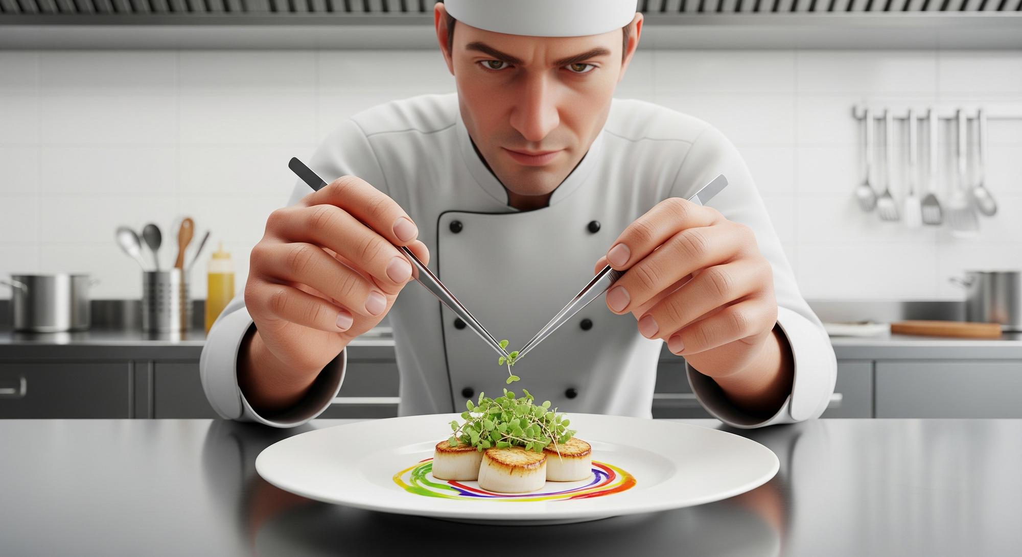 chef plating a modern dish on a busy counter